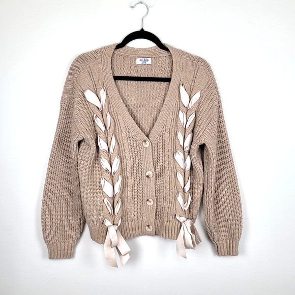 Love Knits Womens Large Tan Cardigan Sweater Ribbon Lace Up Detail Chunky Knit - Picture 1 of 5